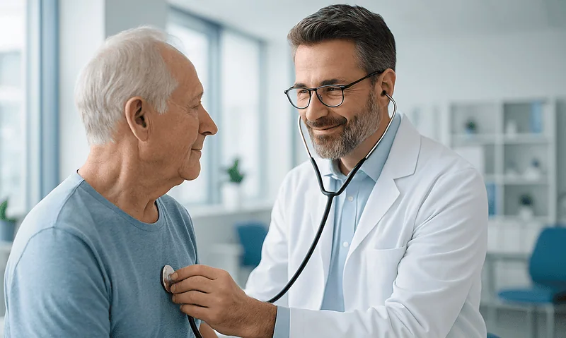 Doctor examining an elderly patient with a stethoscope in a modern clinic.