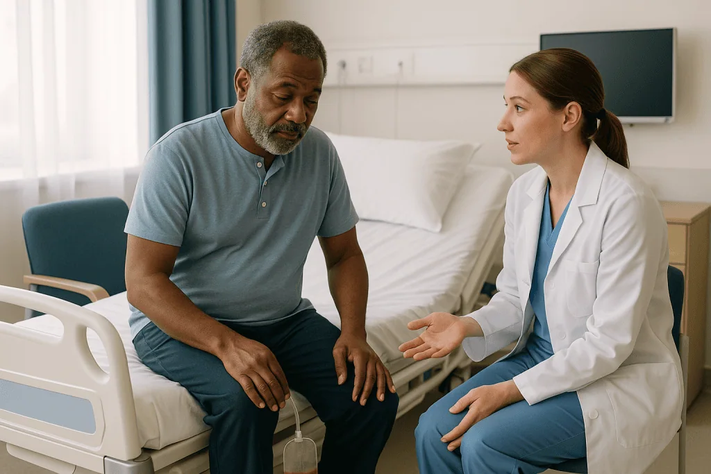 Doctor consulting with male patient on hospital bed: Urinary retention warning signs with a catheter: the three that matter