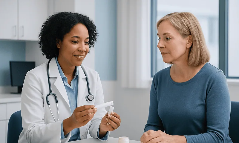 Doctor explaining vaginal estrogen cream to patient in clinic.