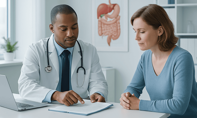 Doctor consulting with patient in a medical office with digestive system diagram.