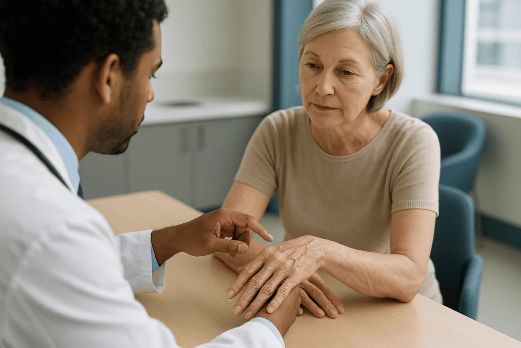 Doctor examining patient's hand during consultation: Veiny hands with age: why veins become so prominent