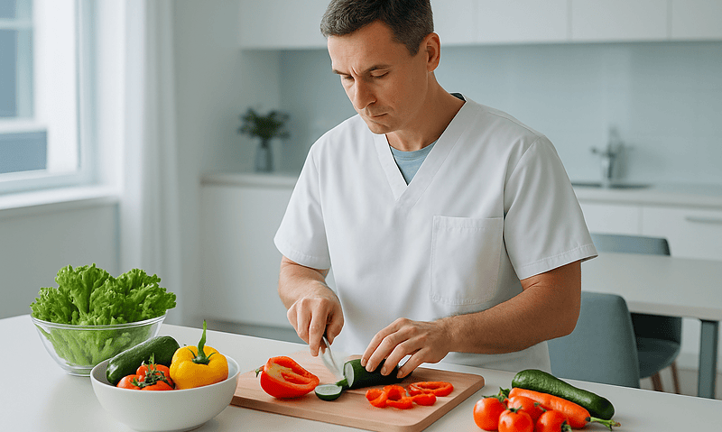 Male chef preparing fresh vegetables in a modern kitchen.