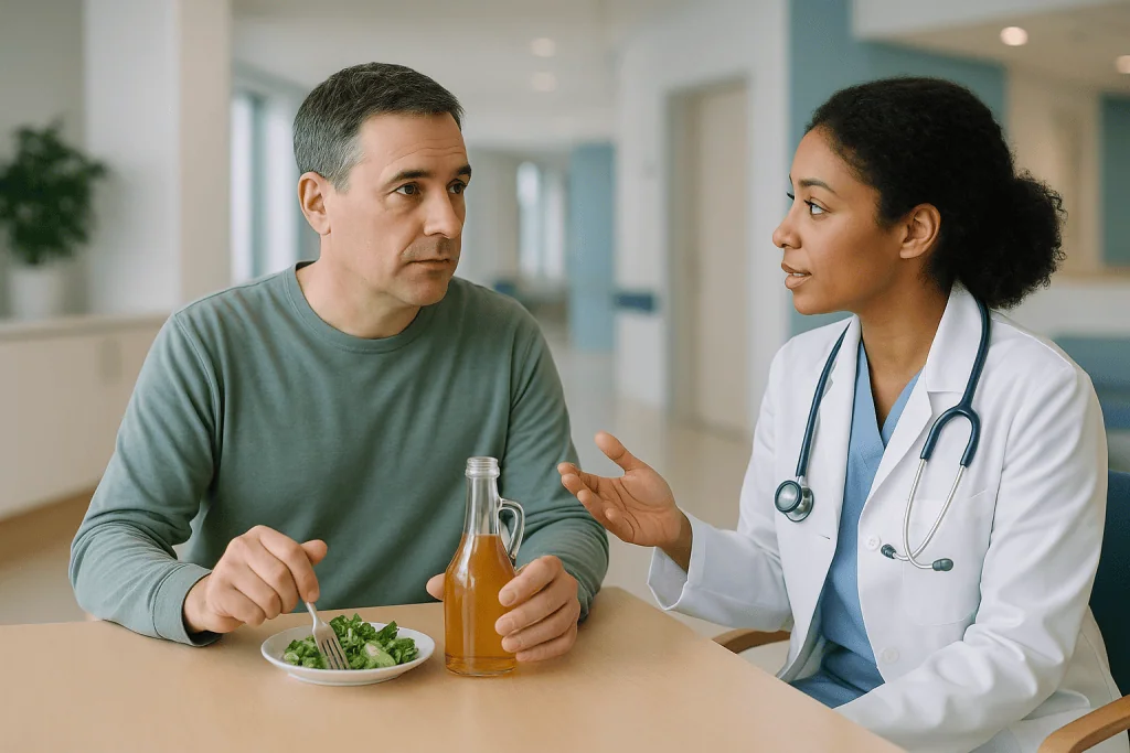 Doctor consulting patient about diet and nutrition: Vinegar before meals: what acetic acid does in the gut and muscle