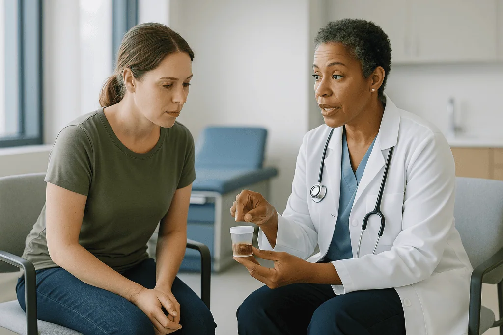 Doctor consulting patient about urine sample in clinic: Viral or bacterial stomach bug: can you tell at home?