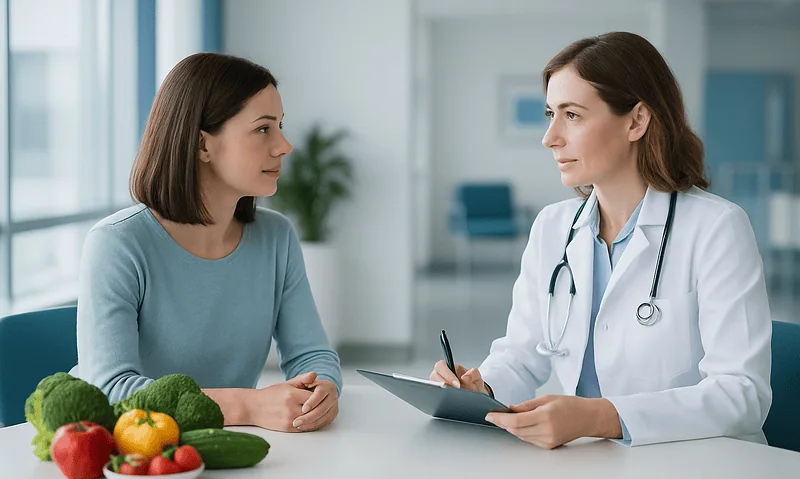 Doctor consulting with a patient about vitamin D health in a modern clinic.