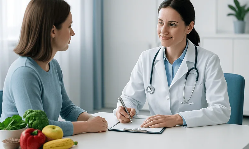Doctor consulting with a patient in a modern clinic setting.