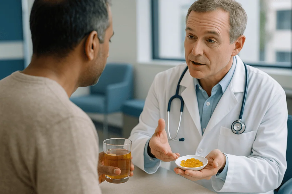 Doctor discussing supplements with patient holding water: Vitamin E before surgery: the bleeding question explained