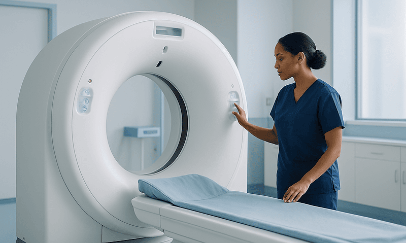 Medical professional prepares a CT scanner in a hospital room.
