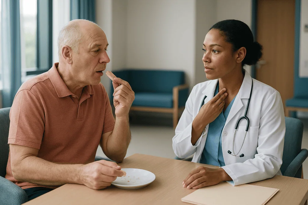 Doctor consulting with male patient about eating: Voice changes after neck cancer treatment: who gets rehabilitation, and wh