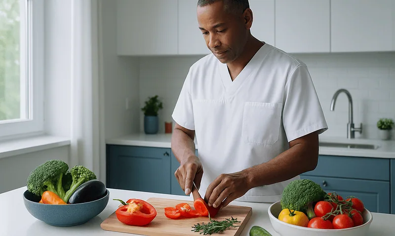 Male chef preparing vegetables in a modern kitchen for healthy eating.
