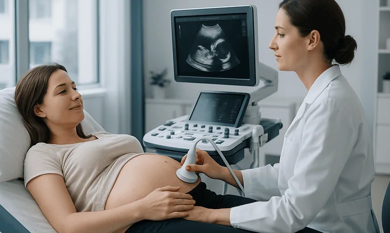 Obstetrician performs ultrasound on pregnant woman in hospital room.