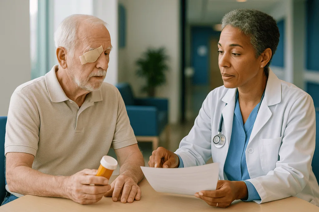 Doctor consulting senior patient with medication bottle: Warfarin and cataract surgery: the INR question
