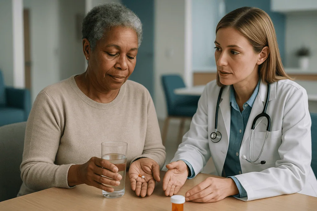 Doctor consulting with older patient about medication: Warfarin, newer anticoagulants and antiplatelets: how each family is 