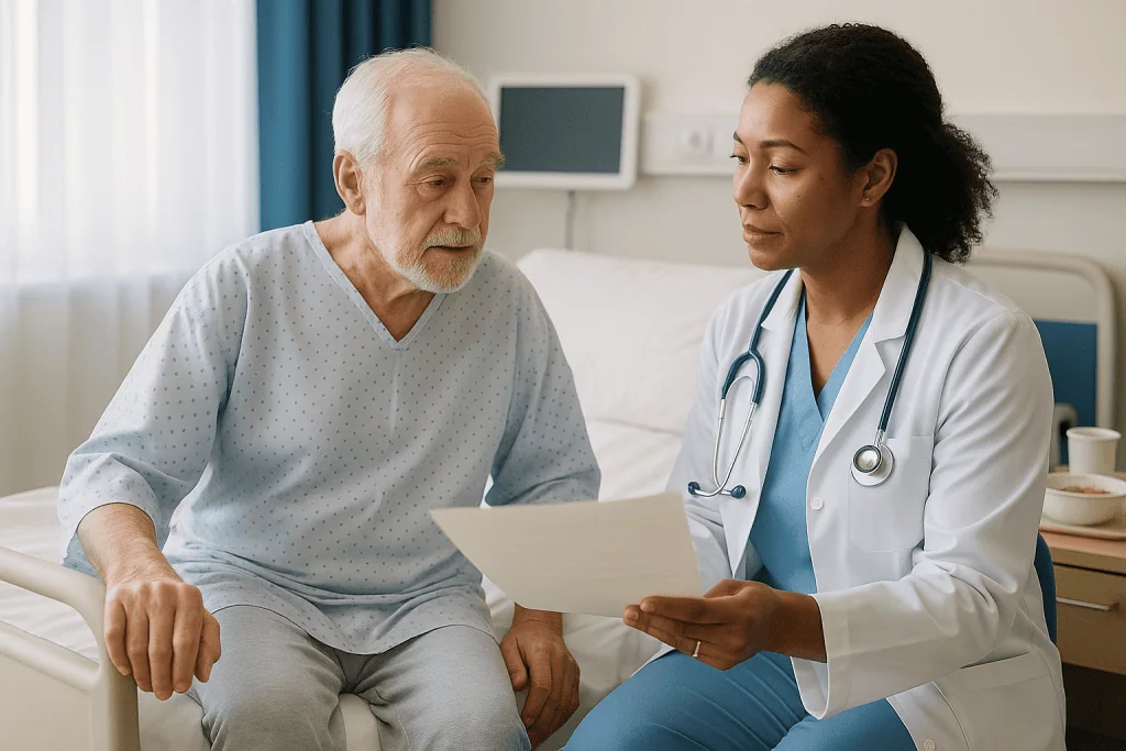 Doctor consulting with elderly patient in hospital room: Week 1: from intensive care to the ward, and the journey home