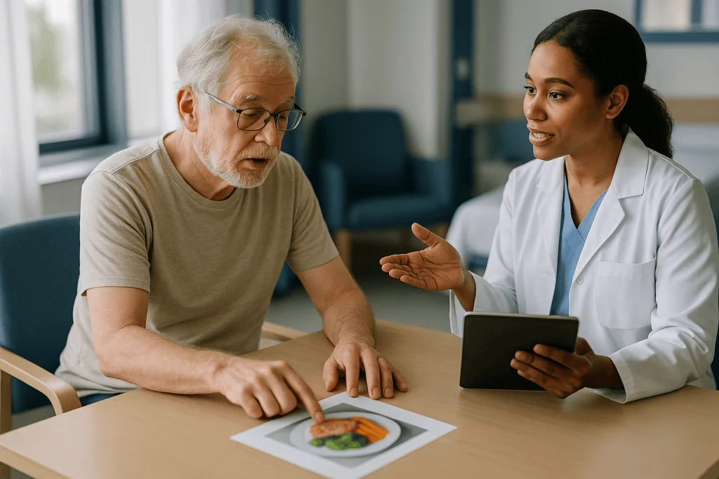 Doctor consultation with elderly patient, food image present: Wernicke's aphasia treatment: starting with comprehension and 
