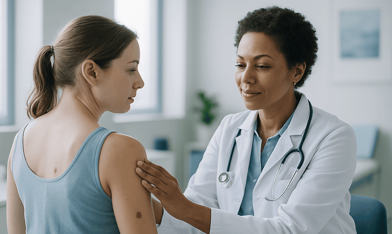 Doctor examining a patient's skin for congenital nevus assessment.