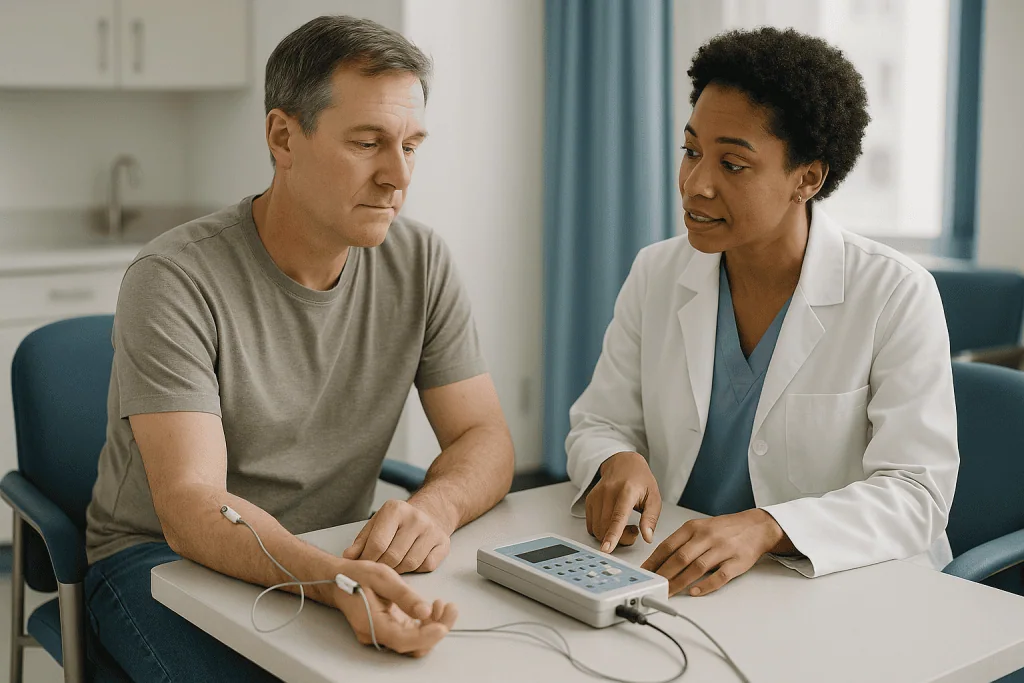 Doctor consulting patient with diagnostic device: What a nerve conduction study for cubital tunnel syndrome actually measure