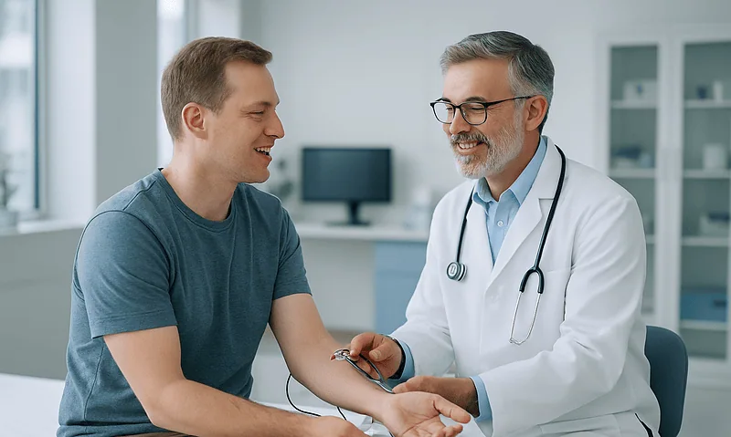 Doctor performing nerve conduction test on patient in clinic.