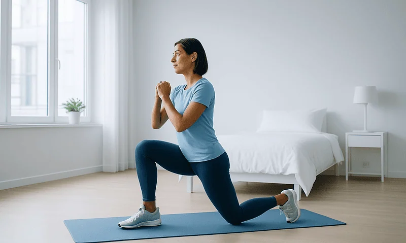 Woman performing lung exercise during pulmonary rehabilitation session.