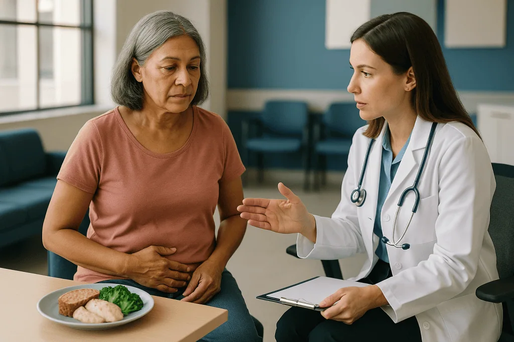 Female doctor consulting middle-aged woman about nutrition: What actually changes in the body at menopause, and why food mat