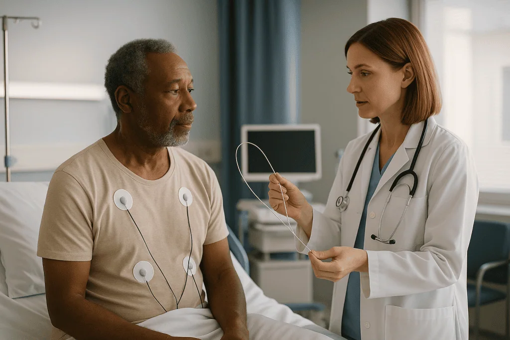 Doctor consulting patient with cardiac monitoring electrodes attached: What actually happens during a catheter ablation