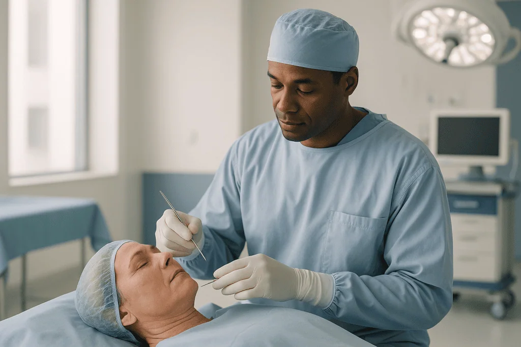 Surgeon performing facial aesthetic examination on patient: What actually happens during a combined facial operation