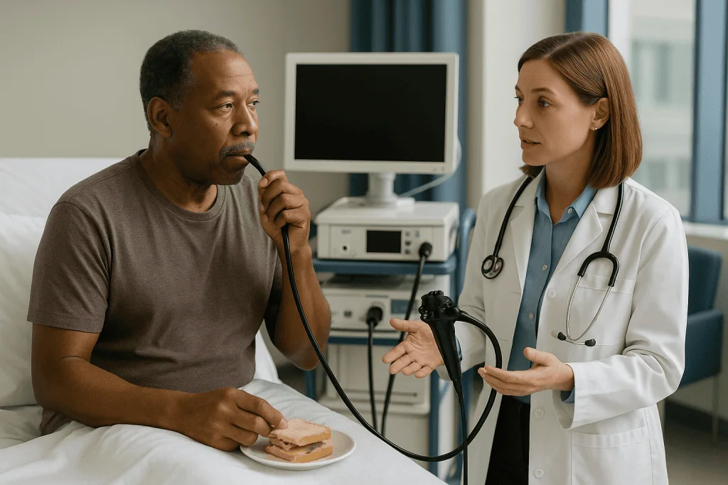 Doctor consulting patient with stethoscope during examination: What actually happens during a follow-up endoscopy