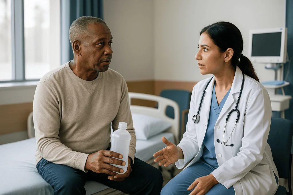 Doctor consulting with adult male patient in hospital room: What actually happens during a surveillance colonoscopy