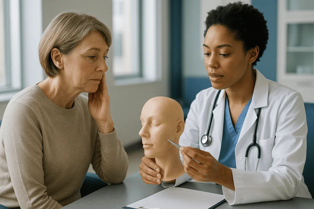 Doctor examining patient's face with anatomical model: What actually happens during facial implant surgery and fat transfer