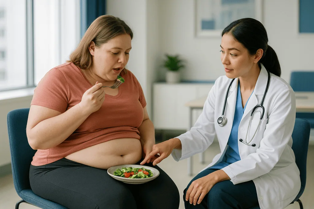 Doctor consulting patient about healthy eating and nutrition: What actually happens during fat removal