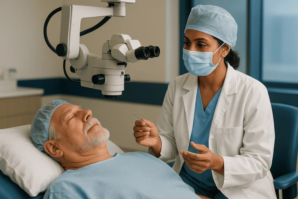 Ophthalmologist examines elderly patient under surgical microscope: What actually happens during modern cataract surgery