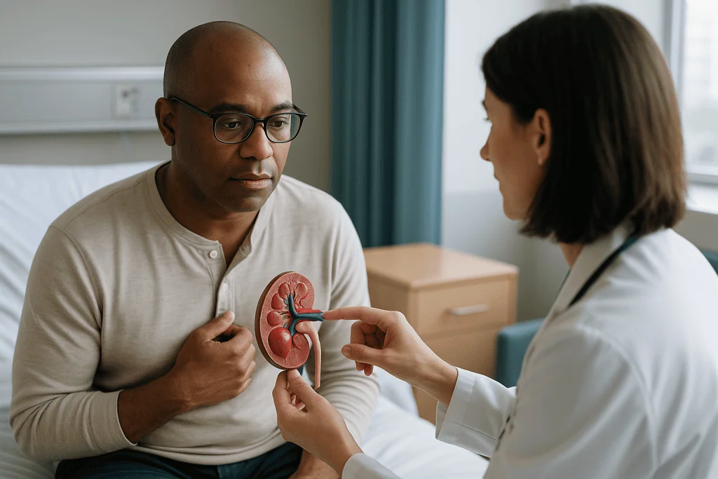 Doctor explaining kidney anatomy model to patient: What actually happens during rejection: how the immune system reads a new