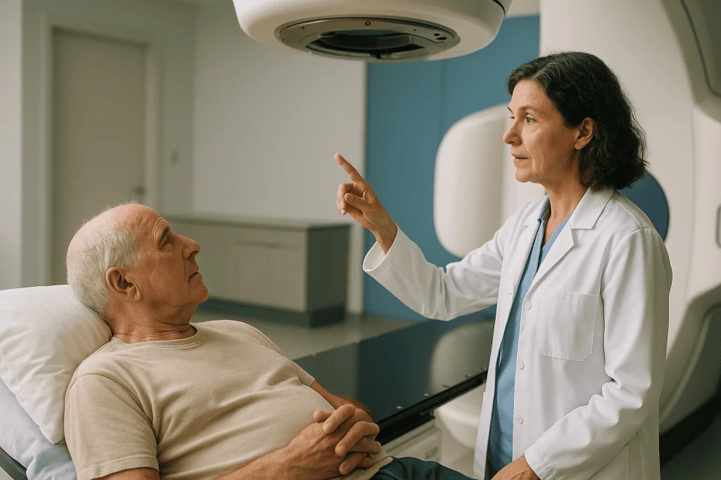 Doctor consulting elderly patient in medical imaging room: What actually happens during SBRT