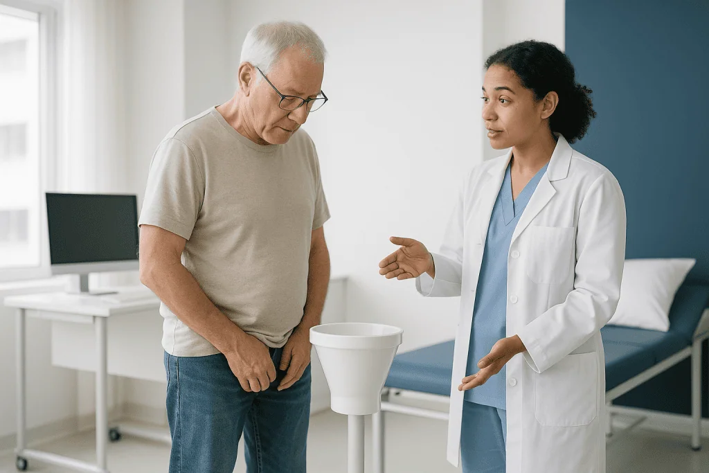 Doctor consulting elderly male patient in clinical setting: What actually happens during uroflowmetry?
