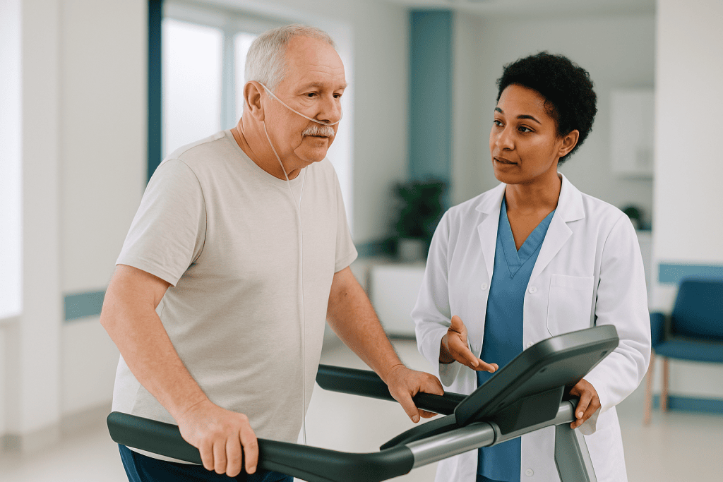 Elderly patient on treadmill with healthcare provider monitoring: What actually happens in a typical session, start to finis