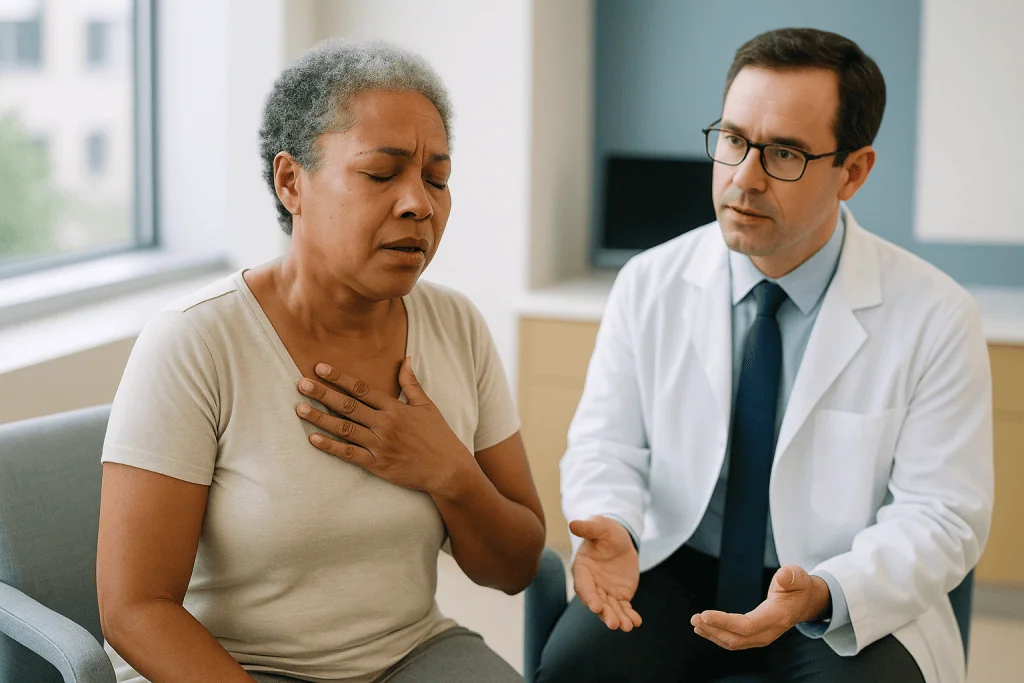 Doctor consulting with middle-aged woman about chest symptoms: What actually happens in your body during a hot flash?
