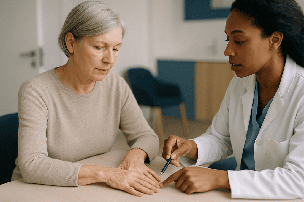 Doctor examining patient's hand during consultation: What actually happens inside aging hand skin