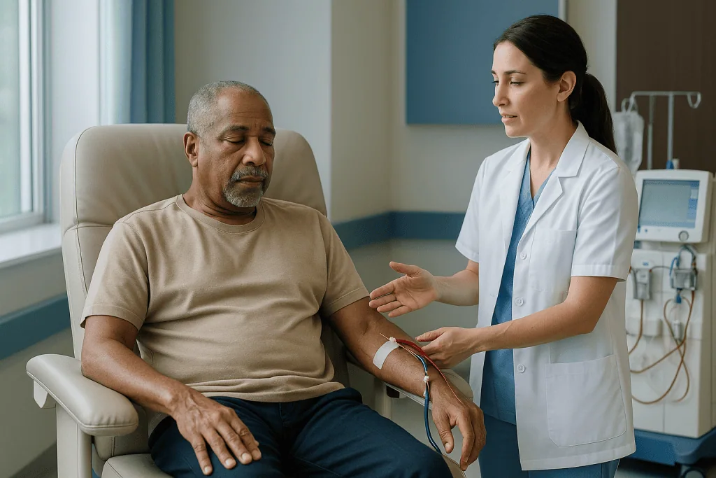 Healthcare provider examining patient with vascular access: What actually happens to your body during a hemodialysis session