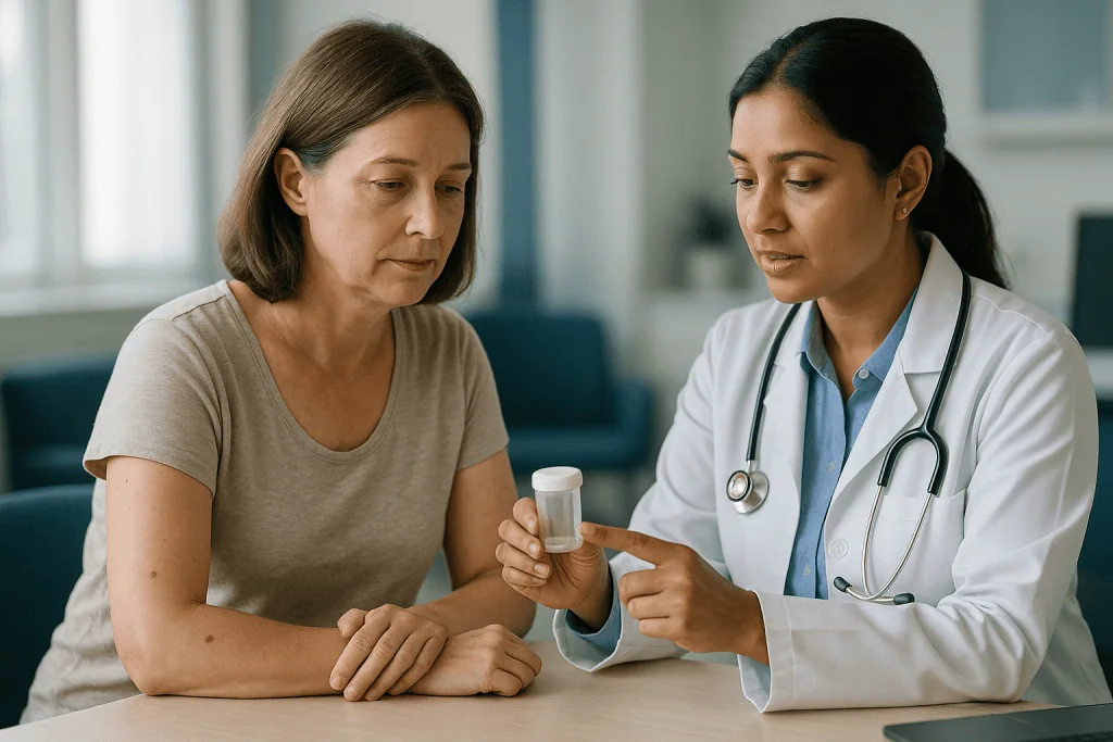 Doctor consulting patient with medication bottle: What actually happens when a mole is removed and sent to pathology