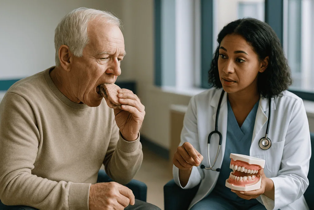 Dentist consulting senior patient about dental model: What actually happens when root cavities in seniors form