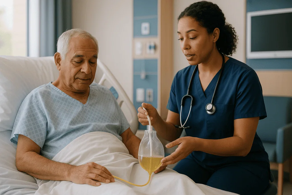 Healthcare provider explaining urinary catheter care to patient: What actually happens when the catheter goes in and starts