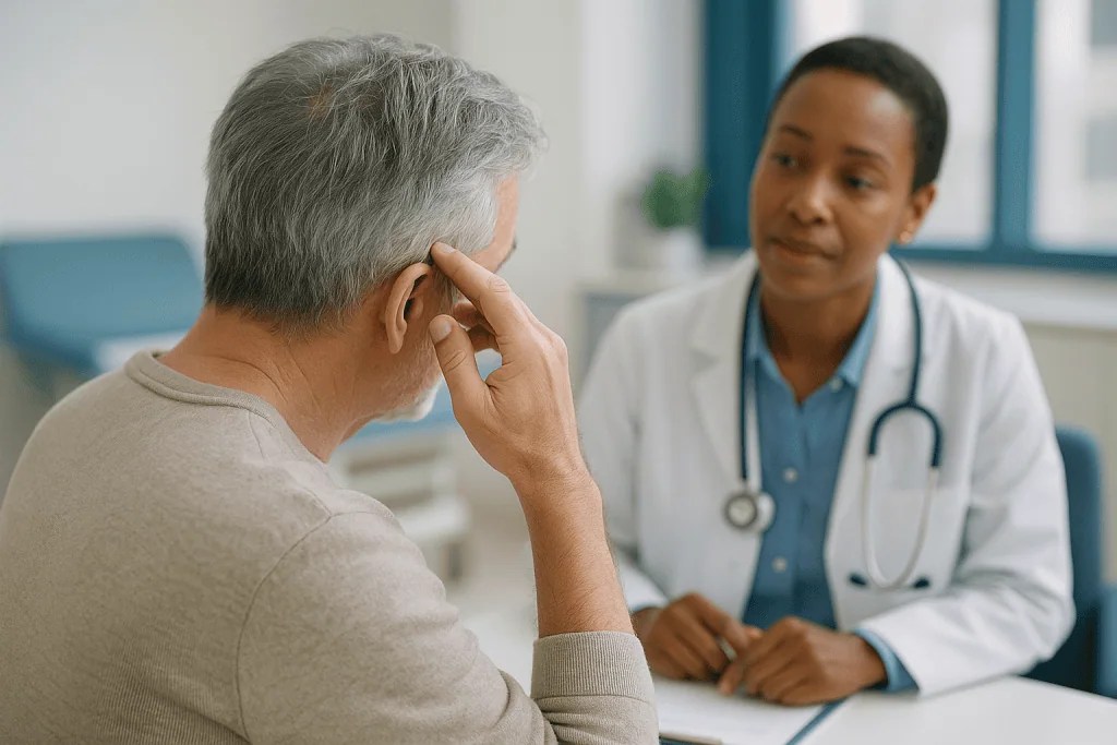 Doctor consulting with older male patient in clinical setting: What actually turns a hair grey?