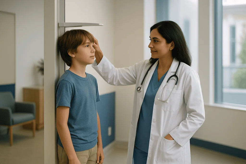 Female doctor measuring child's height against wall: What age do kids have the biggest growth spurt?