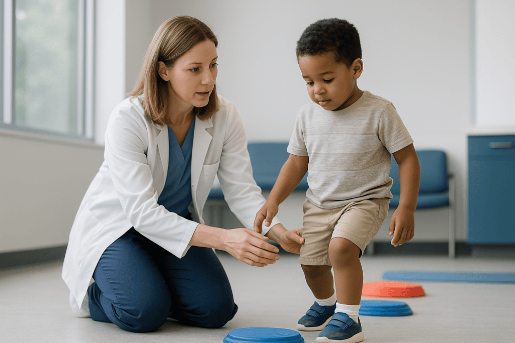Pediatric physical therapist assessing toddler's balance and coordination: What age should a child start physical therapy, a
