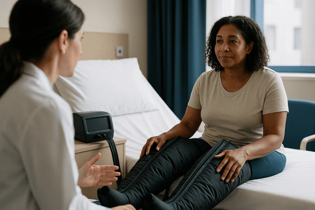 Healthcare provider demonstrating pneumatic compression boots to patient: What are compression boots and how do pneumatic re