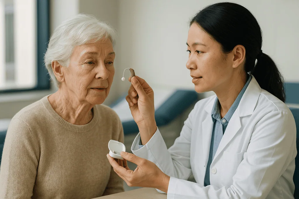 Healthcare provider demonstrating hearing aid to elderly patient: What are OTC hearing aids, and who are they designed for?