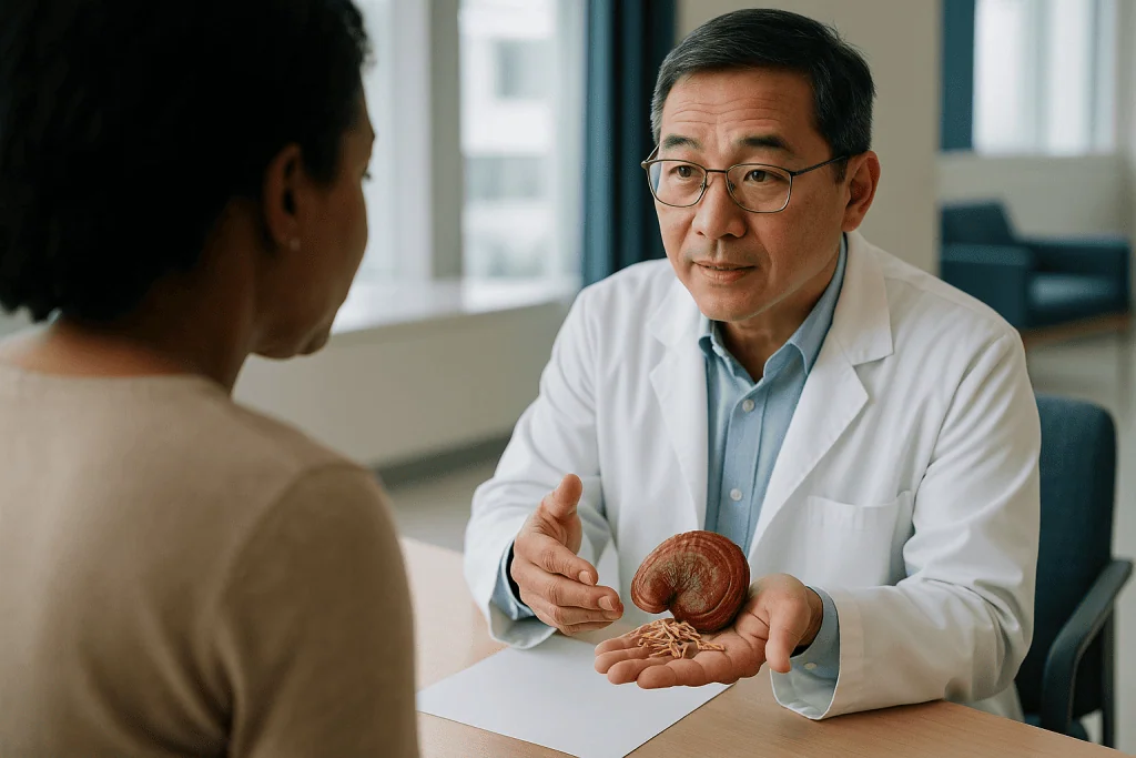 Doctor consulting patient with liver model: What are reishi and cordyceps, and what is actually in them?
