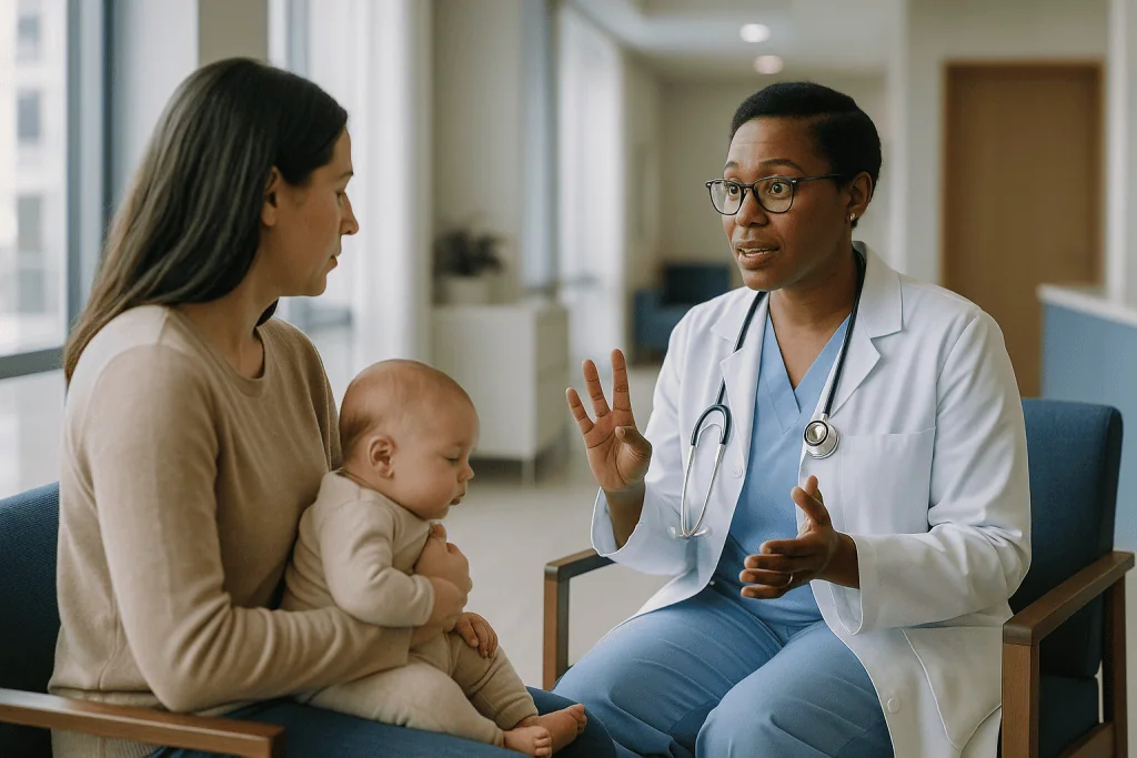 Pediatrician consulting mother holding infant in clinic: What are the 3 stages of pertussis? The whooping cough stages in a 
