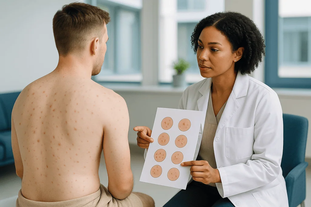 Dermatologist examining patient's back acne with reference chart: What are the 7 types of acne, and which ones show up on th