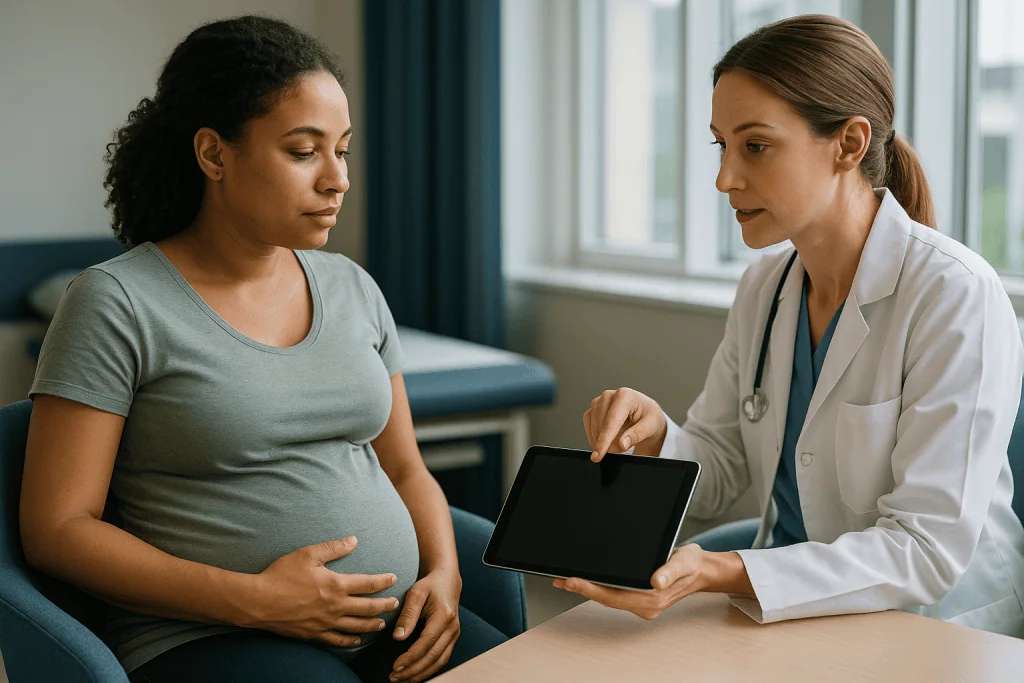 Pregnant woman in consultation with female doctor reviewing tablet: What are the alternatives to fetal surgery?